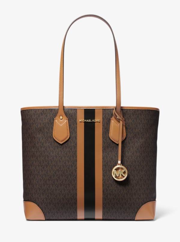 Damske Prenosná Taška Michael Kors Eva Large Logo Stripe Čokoláda Žlté - Kabelky Michael Kors Nejlevnejsi | XYFVK-5139